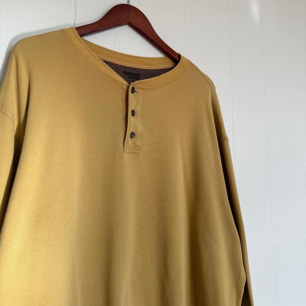 Vintage 2000s Henley Shirt Size XL Mustard Yellow Waffle Knit Long Sleeve